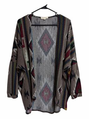 painted threads Taupe Aztec Open-Front Cardigan with Red, Green & Blue Accents